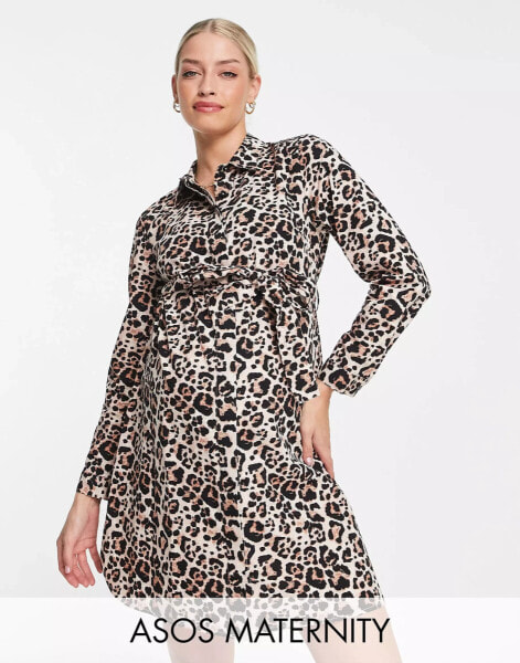 ASOS DESIGN Maternity cotton mini shirt dress with tie belt in animal print