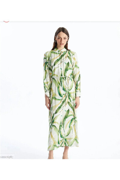 LCWAIKIKI Classic Desenli Uzun Kollu Kadın Gömlek Elbise yeşil