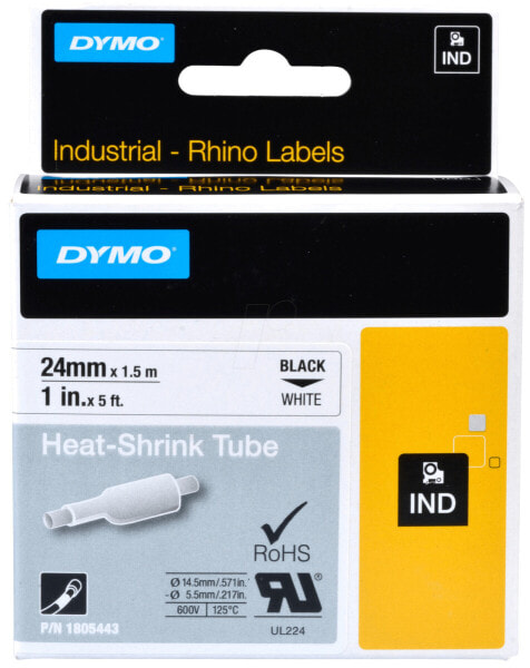 Dymo IND Heat-Shrink Tube Labels - 24mm x 1,5m - Black on white - Multicolour - -55 - 135 °C - UL 224 - MIL-STD-202G - MIL-81531 - SAE-DTL 23053/5 (1 - 3) - Rhino - 2.4 cm