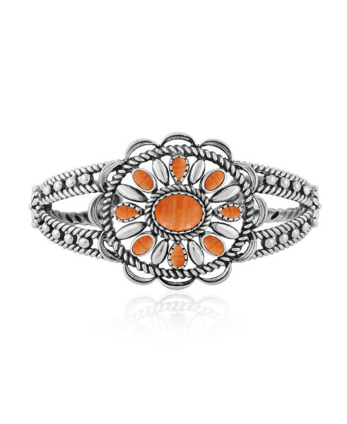 Southwestern Orange Spiny Oyster Wildflower Sterling Silver Rope Cuff Bracelet, Size Small - Large