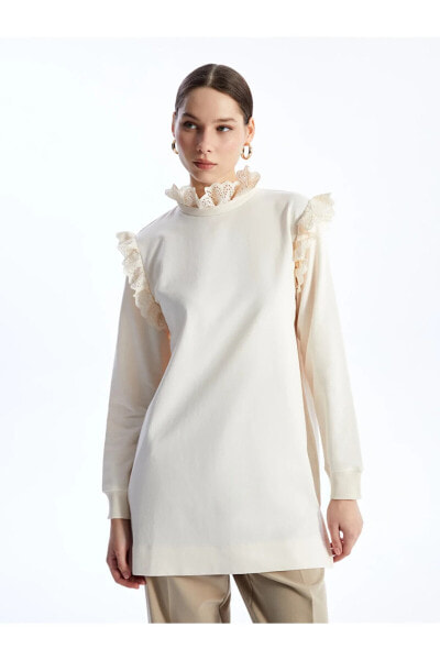Fırfırlı Dik Yaka Düz Uzun Kollu Kadın Sweatshirt Tunik