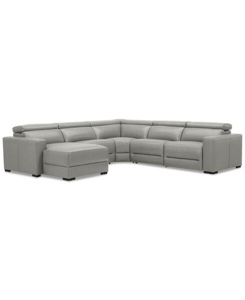 Nevio 124" 5-Pc. Leather Sectional with 1 Power Recliner, Headrests and Chaise, Created For Macy's