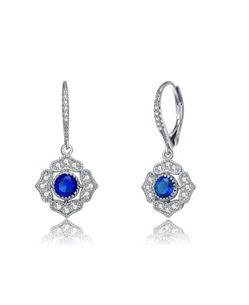 Sterling Silver White Gold Plated Round Cubic Zirconia Petal Flower Style Earrings