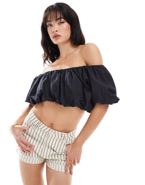 Pimkie ruched bardot crop top in black