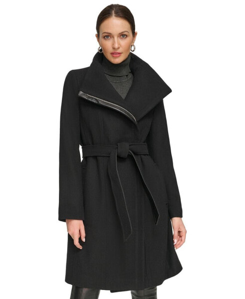 Women's Asymmetrical Belted Funnel-Neck Wool Blend Coat