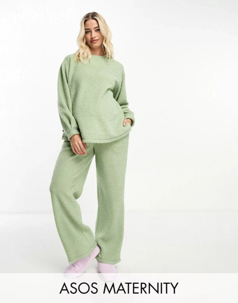 ASOS DESIGN Maternity lounge borg sweat & wide leg trouser set in sage