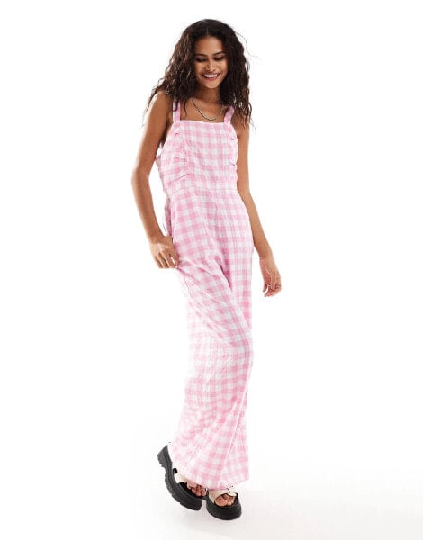 Monki sqaure neck jumpsuit with front ruching in pink gingham