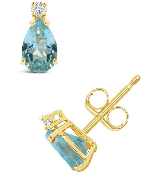 Aquamarine (3/4 ct.t.w) and Diamond Accent Stud Earrings in 14K Yellow Gold