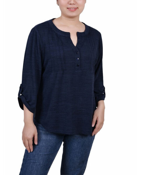 Women's 3/4 Roll Tab Sleeve Y-Neck Top