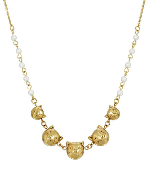 Women's Multi Cat Face with Imitation Pearl Chain Necklace
