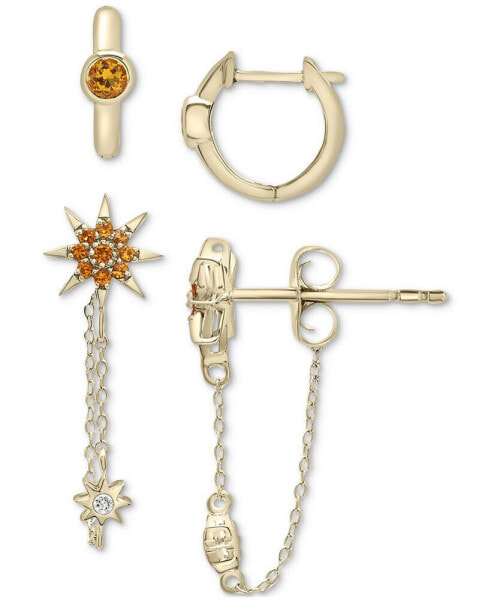 2-Pc. Set Citrine (3/8 ct. t.w.) & Lab-grown White Sapphire (1/20 ct. t.w.) Huggie Hoop and Chain Drop Earrings in 14k Gold-Plated Sterling Silver
