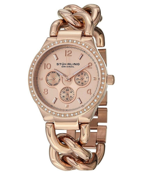 Original Stainless Steel Rose Tone Case on Chain Bracelet, Rose Tone Dial, Cubic Zirconia Crystal Studded Bezel, With Rose Tone and White Accents