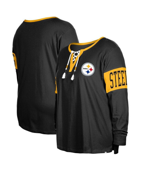 Women's Black Pittsburgh Steelers Plus Size Lace-Up Notch Neck Long Sleeve T-shirt