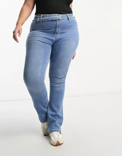 DTT Plus Phoebe belted high waisted wide leg jeans in blue