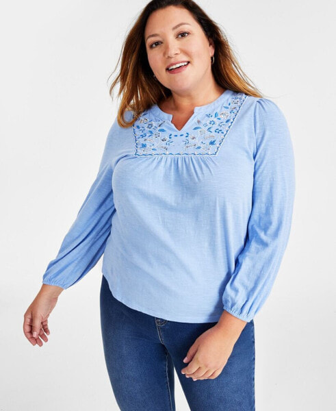 Plus Size Embroidered Split-Neck Top, Created for Macy's