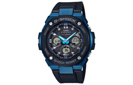 CASIO 卡西欧 G-SHOCK G-STEEL系列 时尚潮流商务休闲 太阳能动力 六局电波 经典指针双显运动防水石英手表树脂表带 日韩表 男表 蓝黑色 GST-W300G-1A2PR / Часы кварцевые CASIO G SHOCK GST-W300G-1A2PR