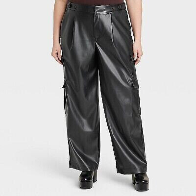 Women's High-Rise Straight Faux Leather Cargo Pants - A New Day Black 17