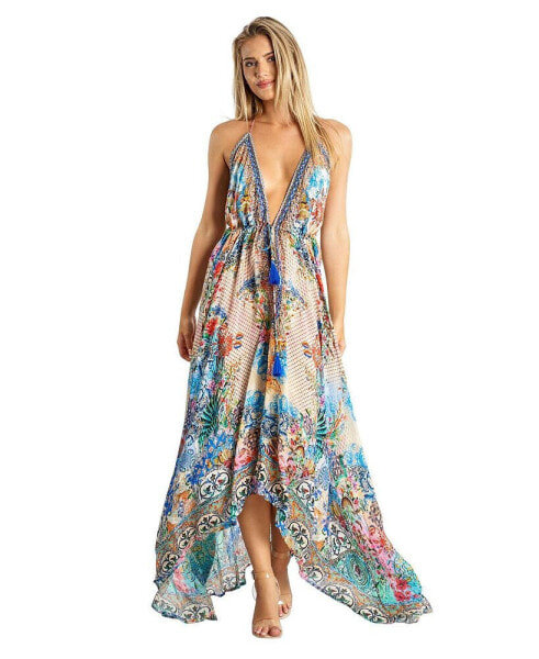 Women's Maxi Tropical Print Halterneck Dress