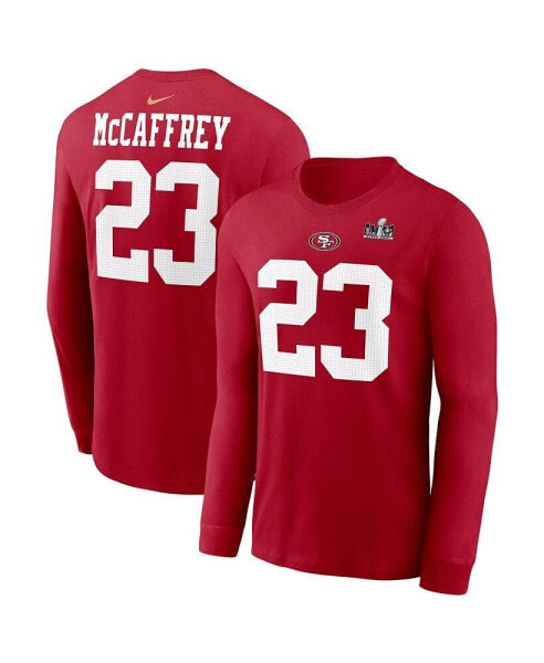 Men's Christian McCaffrey Scarlet San Francisco 49ers Super Bowl LVIII Patch Player Name and Number Long Sleeve T-shirt