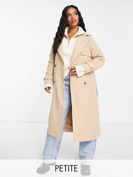 Vila Petite double breasted belted trench coat in beige