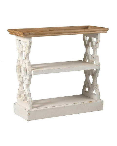 35.5" X 14" X 32" Distressed White And Natural Wood Shelf Tray, French Country Console Table