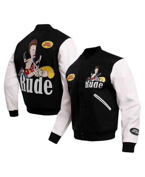 Men's Black, White Beavis and Butt-Head Rude Varsity Full Zip Jacket