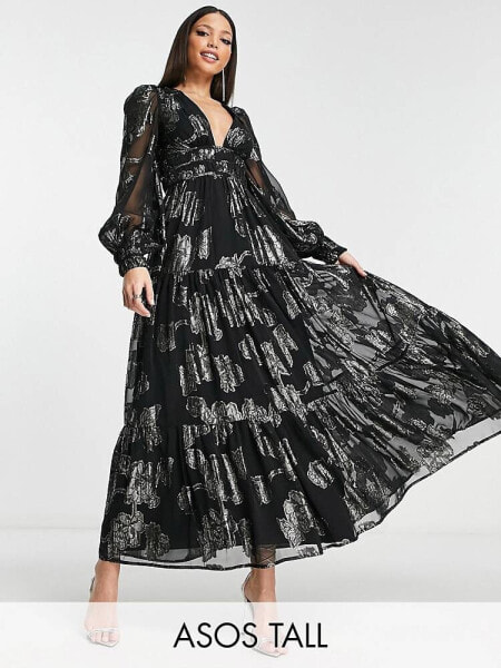 ASOS DESIGN Tall metallic channel detail midi dress with puff sleeves and tie back detail in black 