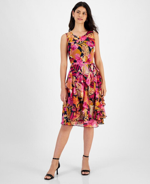 Petite Belted Ruffled-Skirt Midi Dress