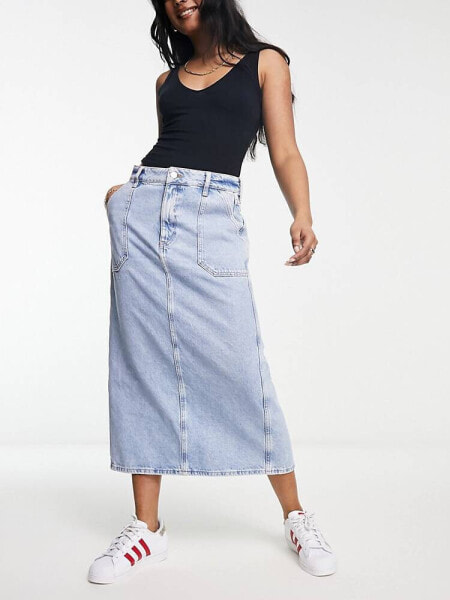 River Island denim cargo midi skirt in light blue