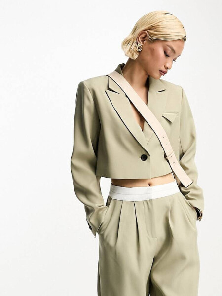 4th & Reckless cropped blazer co-ord in khaki
