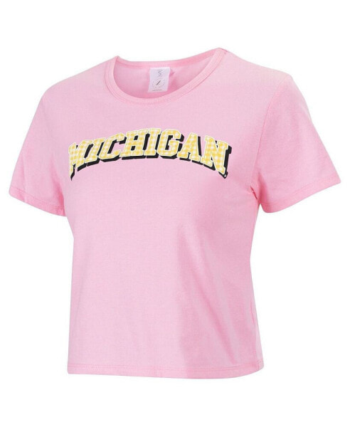 Women's Pink Michigan Wolverines Gingham Logo Cropped T-shirt