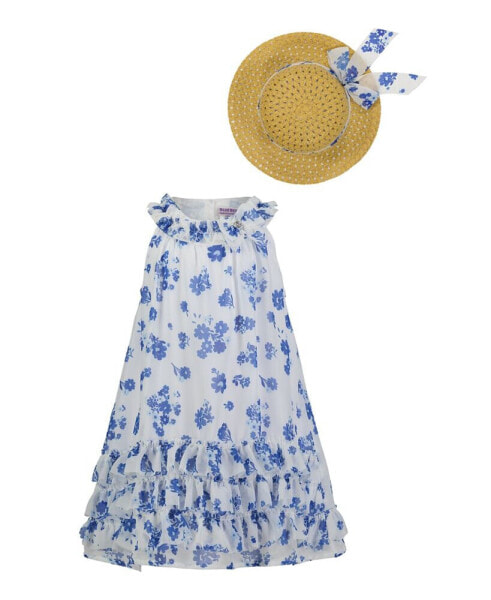 Baby Girls Ruffle-Trim White Blue Swing Dress Sun Hat