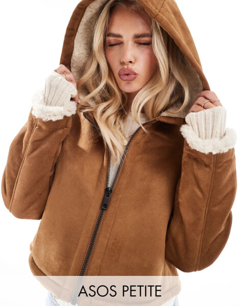 ASOS DESIGN Petite hooded shearling jacket in tan