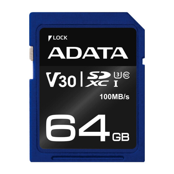 ADATA ASDX64GUI3V30S-R - 64 GB - SDXC - Class 10 - UHS-I - 100 MB/s - 60 MB/s