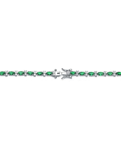 Sterling Silver White Gold Plated Clear Round and Green Marquise Cubic Zirconia Tennis Bracelet