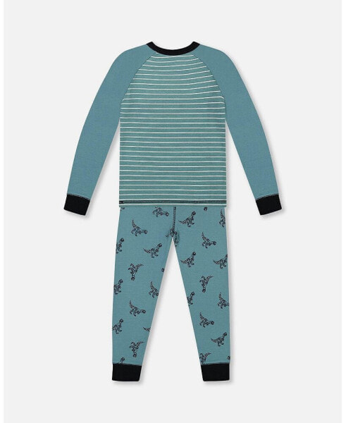 Baby Boy Organic Cotton Long Sleeve Two Piece Pajama Set Teal With Mechanical Dinosaurs Print - Infant