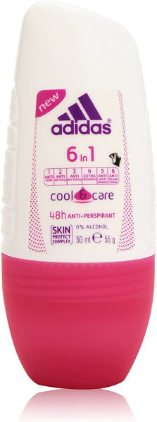 Дезодорант Adidas 6-в-1 Roller для женщин - Освежающий антиперспирант против потового запаха, подмышечной влаги, белых пятен, желтых пятен и бактерий - pH-дружелюбный - 1 х 50 мл