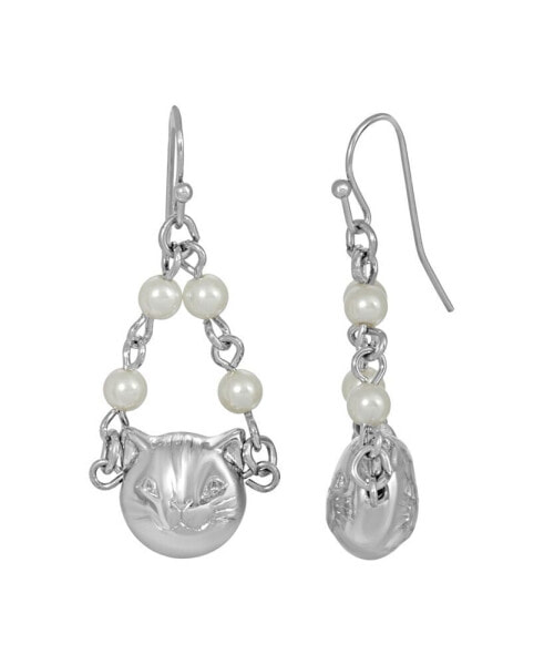 Women's Silver Tone Cat Imitation Pearl Drop Earrings