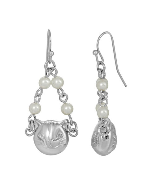 Серьги 2028 Silver Tone Cat Pearl