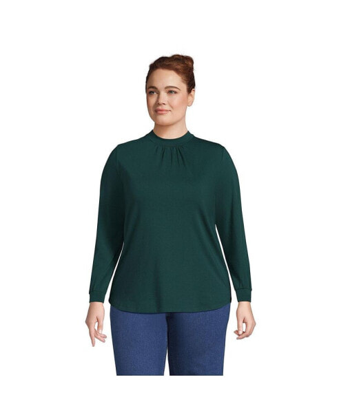 Women's Plus Size Jersey Long Sleeve Gathered Mock Neck Tee