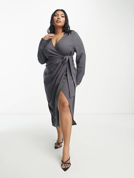 ASOS DESIGN Curve v neck midi dress with twist wrap detail in charcoal