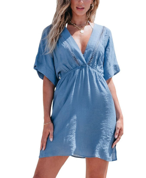 Women's Blue Plunging Dolman Sleeve Mini Cover-Up