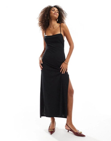 Bershka strappy midi dress in black