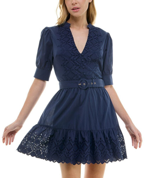Juniors' Embroidered Belted Puff-Sleeve Dress