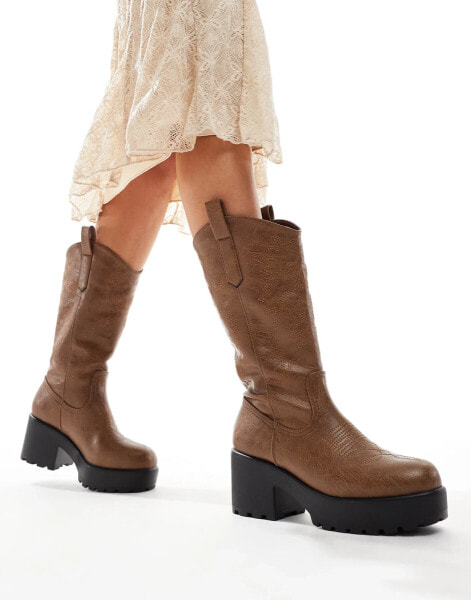 KOI Wintu long chunky western boots in brown