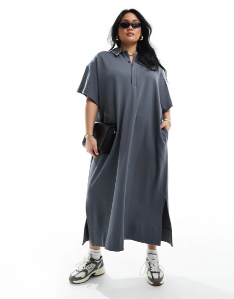 ASOS EDITION Curve premium jersey polo maxi dress in charcoal