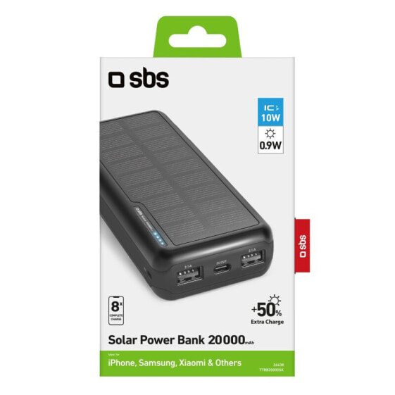 Powerbank SBS Mobile mit Solarpanel 20.000mAh Fast Charge Schwarz