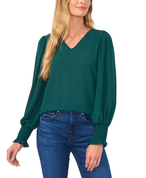 Women's Long-Sleeve Smocked-Cuff V-Neck Blouse