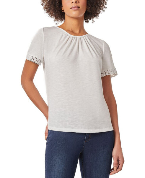 Women's Solid Drapey Lace-Trimmed Top