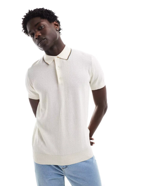 Ben Sherman short sleeve textured polo in off white